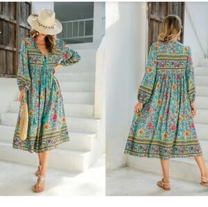 R Vivimos Dress XS 0/2 Midi Mixed Print Tie Front Boho Cottagecore Cowgirl